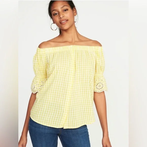 Old Navy Yellow Gingham Off-Shoulder Blouse, Size XS - Picture 1 of 6